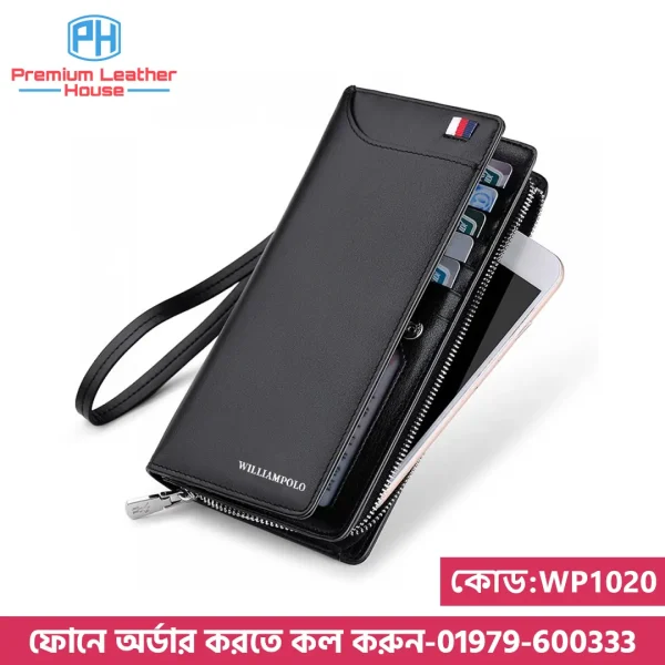 09: WP1020-Black| WILLIAMPOLO Genuine Leather Long Clutch Zipper Business Wallet for Men