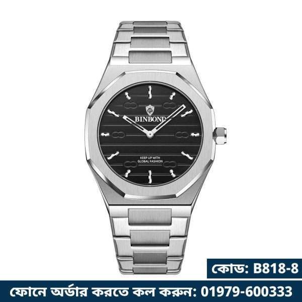 08: BINBOND 818 Silver Black | Brand Casual Men's Quartz Watch Octagonal Luxurious And Fashionable