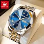21: OLEVS 9931 Golden Blue | Men Watch Classic Rhombus Mirror Watch Original Business Diamond Date Week Stainless Steel Watch Luxury