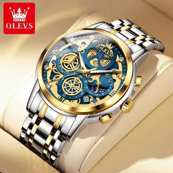 OLEVS 9947 Golden Blue | Men's Watch Original Top Brand Luxury Quartz Watches For Man Skeleton Multifunctional Chronograph Watch