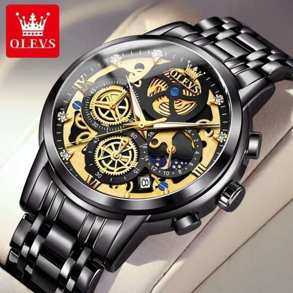OLEVS 9947 Full Black | Men's Watch Original Top Brand Luxury Quartz Watches For Man Skeleton Multifunctional Chronograph Watch