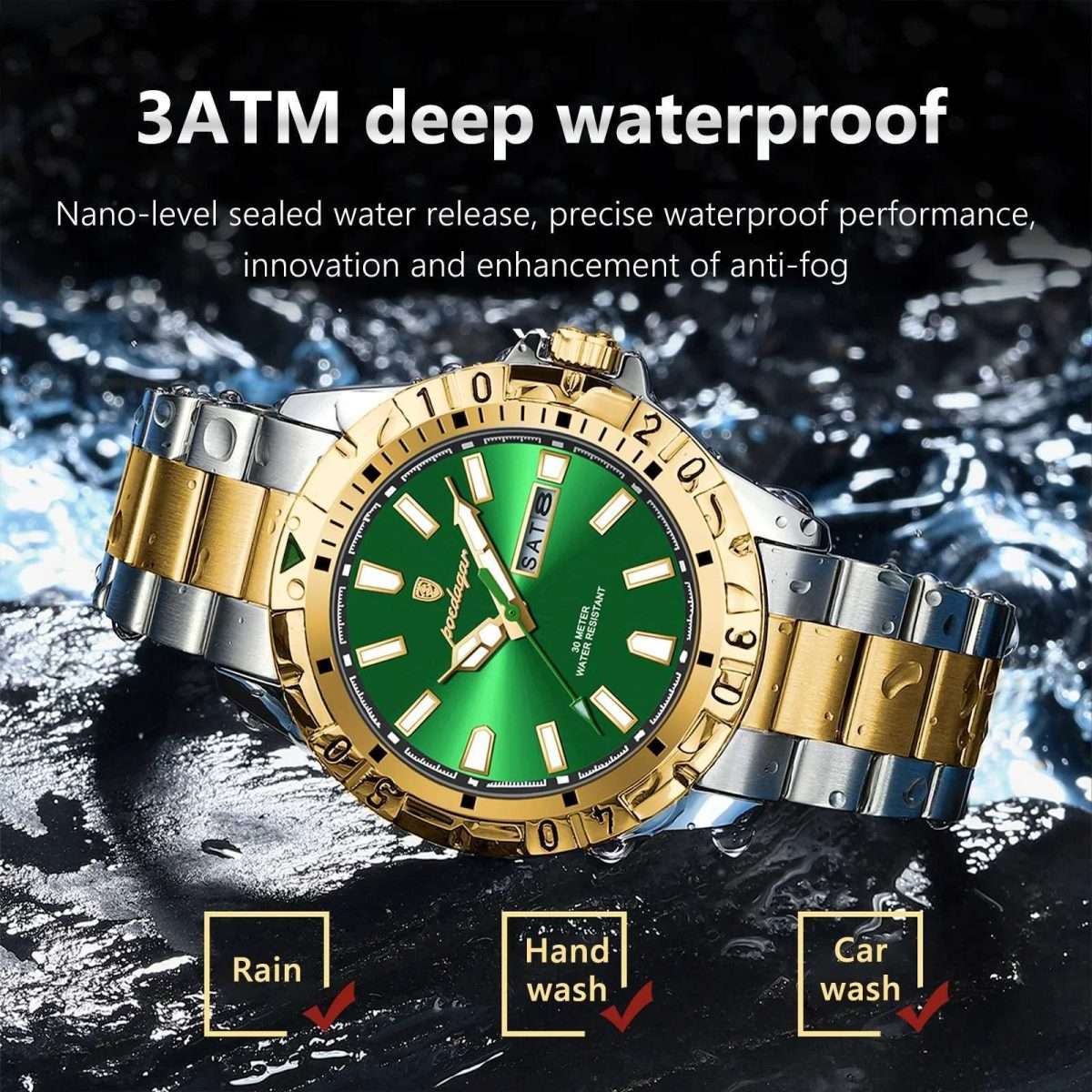 12: POEDAGAR 959 Golden Green | Luxury Quartz Man Watch Luminous Date Week Men Watch Military Stainless Steel Men's Watches Sport Male Clock - Image 6