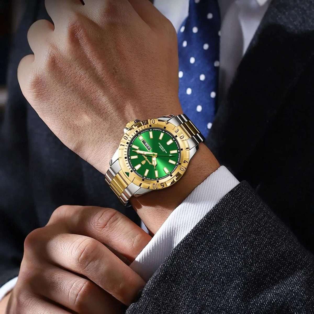 12: POEDAGAR 959 Golden Green | Luxury Quartz Man Watch Luminous Date Week Men Watch Military Stainless Steel Men's Watches Sport Male Clock - Image 4