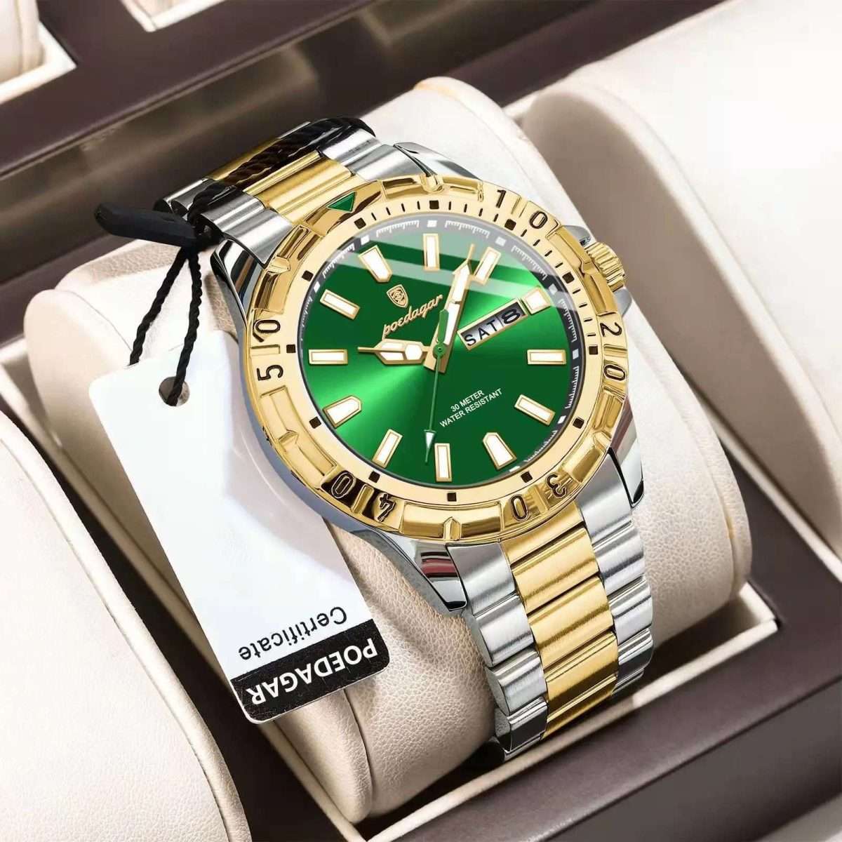 POEDAGAR-959-Gold-Green-7-1.jpeg 12: POEDAGAR 959 Golden Green | Luxury Quartz Man Watch Luminous Date Week Men Watch Military Stainless Steel Men's Watches Sport Male Clock - Image 1