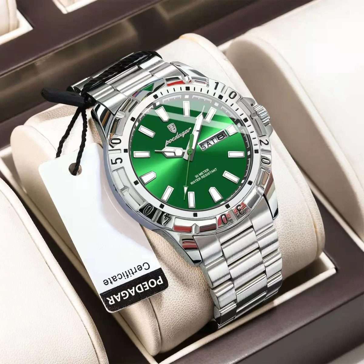 POEDAGAR-959-Silver-Grenn-3.jpeg 10: POEDAGAR 959 Silver Green | Luxury Quartz Man Watch Luminous Date Week Men Watch Military Stainless Steel Men's Watches Sport Male Clock - Image 1