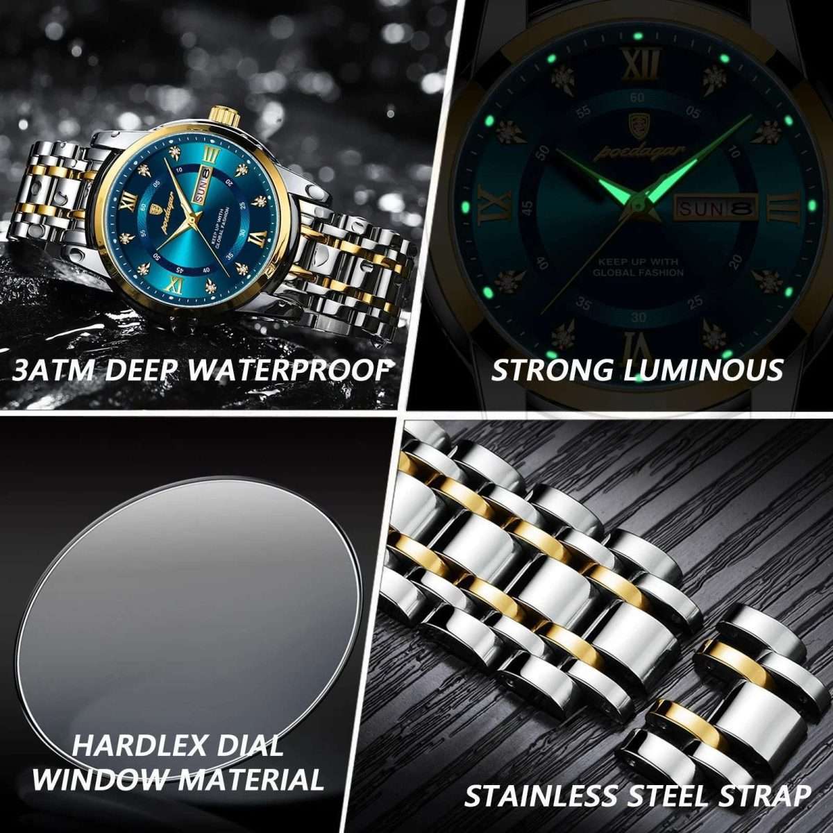 POEDAGAR 936 Golden Black | Brand New Fashion Quartz Watch for Men Stainless Steel Sports Luminous Date Week Luxury Men's Watches - Image 2