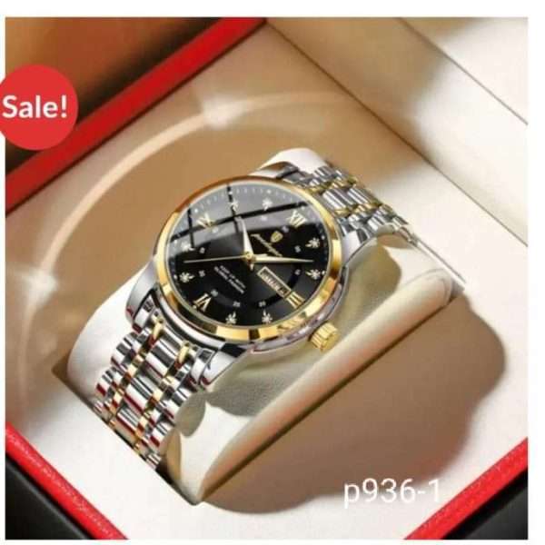 POEDAGAR 936 Golden Black | Brand New Fashion Quartz Watch for Men Stainless Steel Sports Luminous Date Week Luxury Men's Watches
