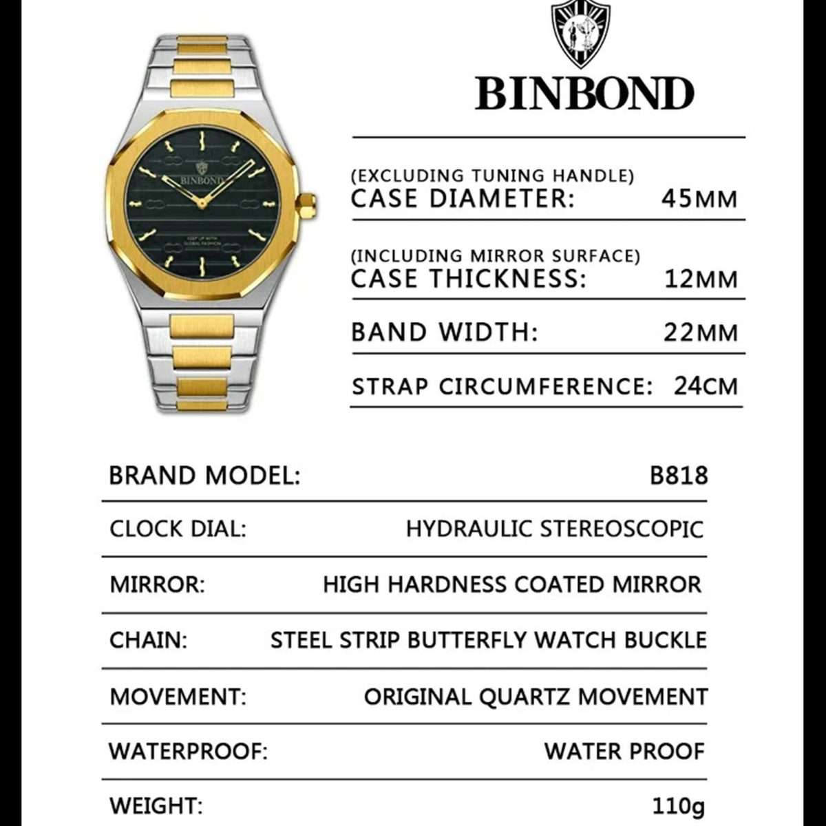 07: BINBOND 818 Golden white | Brand Casual Men's Quartz Watch Octagonal Luxurious And Fashionable - Image 3
