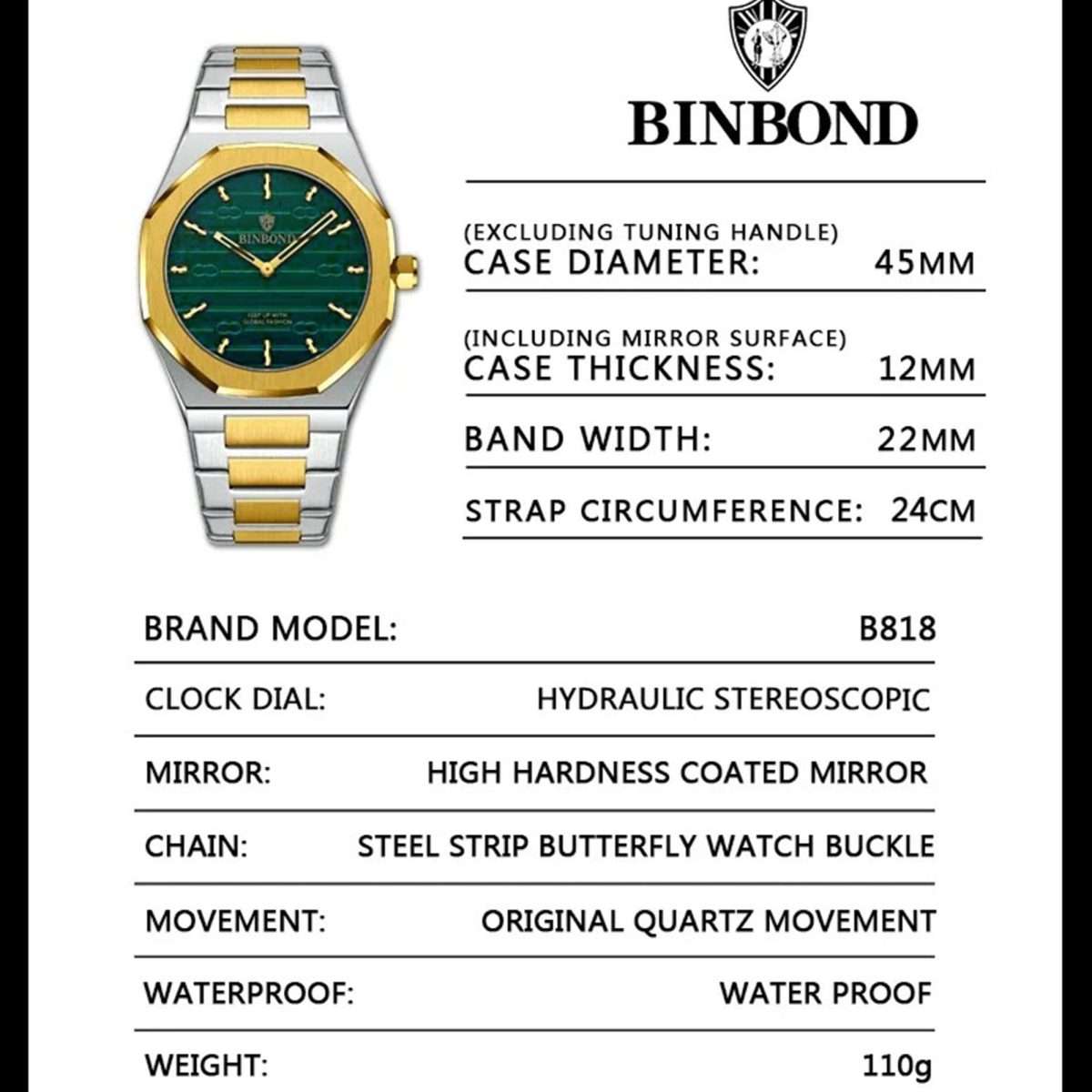 01: BINBOND 818 Golden Green | Brand Casual Men's Quartz Watch Octagonal Luxurious And Fashionable - Image 4